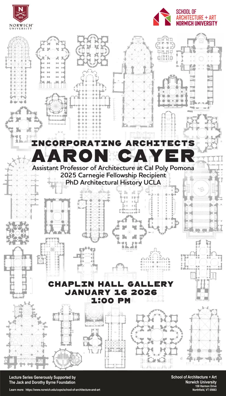 A poster promoting an event with guest Aaron Cayer.
