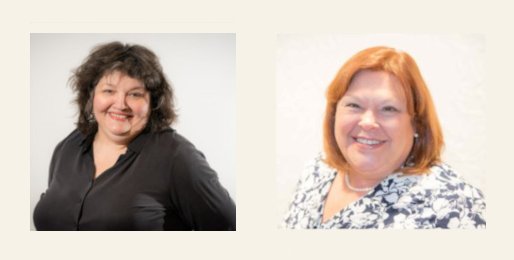 Headshot photos of Ann Harvey (left), Laurie LaMothe (right) with tan background