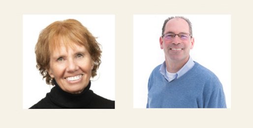 formal staff headshots of Diane Scolaro (left), Fred Palmer (right) against tan background