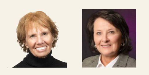 headshot photos of Diane Scolaro (left), Julie Gutgsell M'23 (right) against a tan background