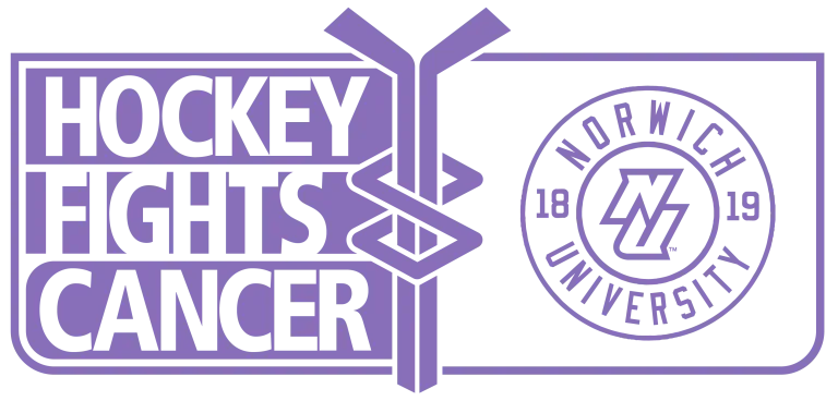 A purple logo on a white background for Hockey Fights Cancer and Norwich University.