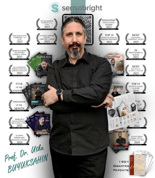 A full size photo of a man standing in front of a graphic displaying his achievements.