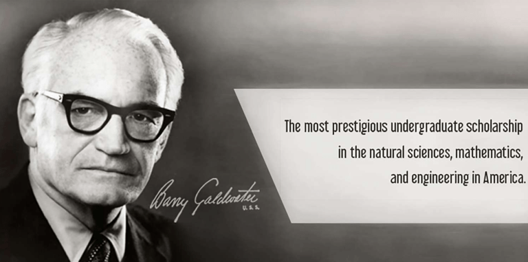 Black and white banner with a man in a suit on the left and text on the right about a prestigious undergraduate scholarship in science, math, and engineering.