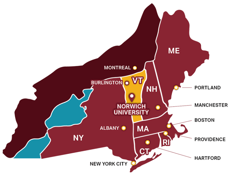Map of New England showing Norwich University of VT proximity to nearby Burlington, and drivable to Boston, Albany, Montreal, and New York City