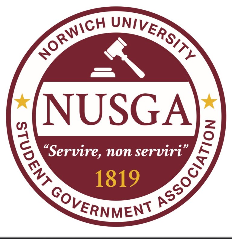 A circular maroon and white Norwich University Student Government Association logo with a gavel, stars, and the text “NUSGA,” “Servire, non serviri,” and “1819.”