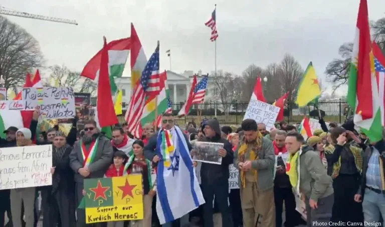 Kurdish Americans and supporters demonstrate outside the White House, carrying Kurdish, U.S., and Israeli flags.