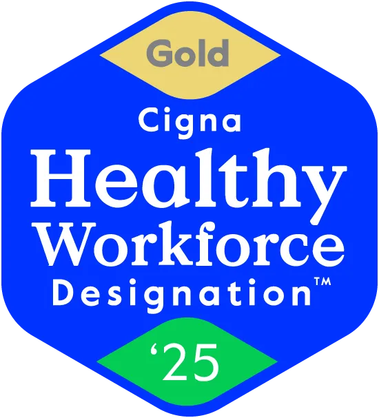 Blue badge reads Gold Cigna Healthy Workforce Designation 25 with gold and green accents.