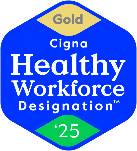Blue badge reads Gold Cigna Healthy Workforce Designation 25 with gold and green accents.