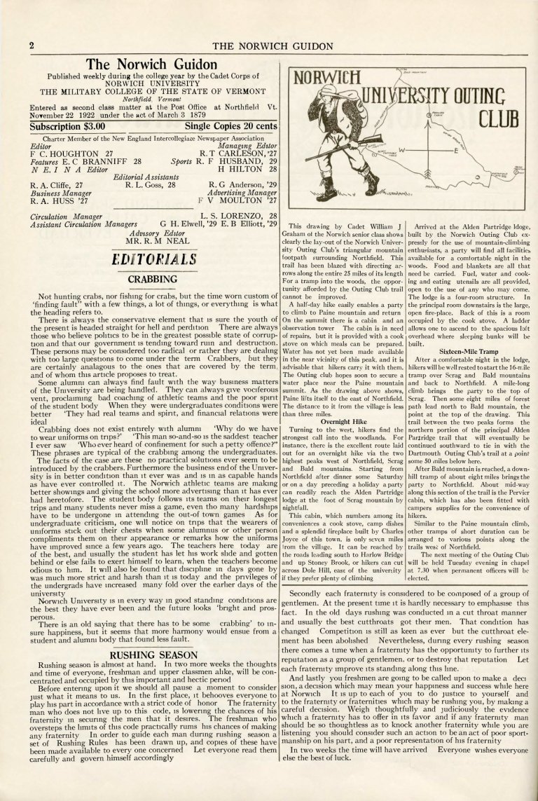 Front page of The Norwich Guidon with headlines, staff names, and a Norwich University Outing Club map.