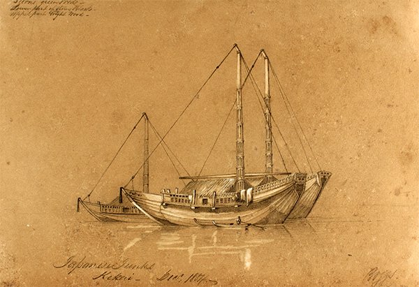 Line drawing of three Sailboats on calm water