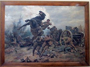 Fortunino Matania painting of man riding on bucking horse in battle