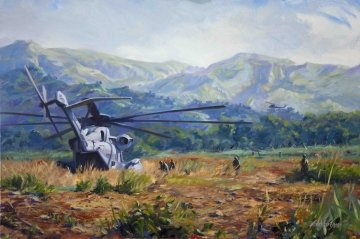 Painting of down helicopter in a field