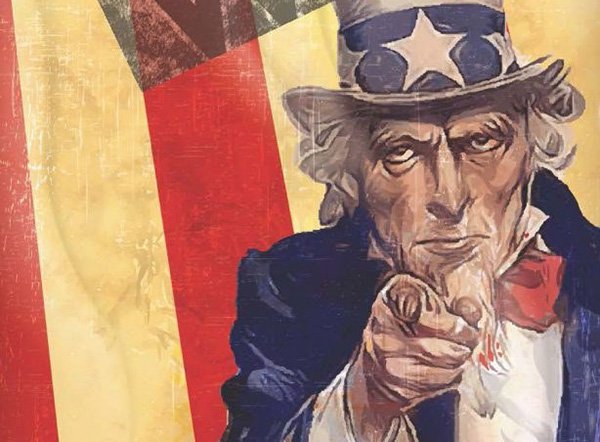 War Poster - Uncle Sam pointing at the viewer with American flag background.