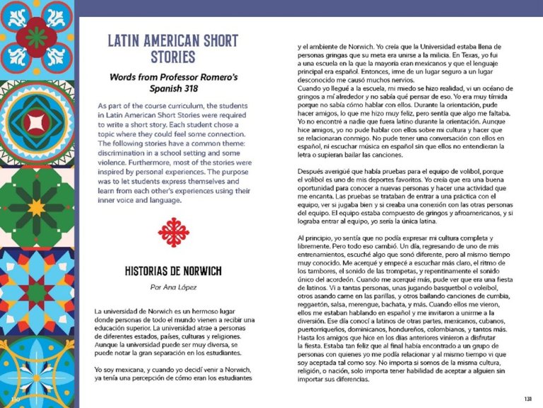 Two-page spread titled Latin American Short Stories with English intro, Spanish text, and colorful patterned border on left.