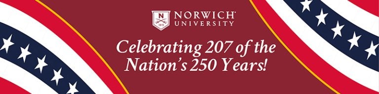Image with swirls left and right of red, white, and white stars on blue. Center in Norwich University logo and the text: Celebrating 207 of the Nation's 250 years.