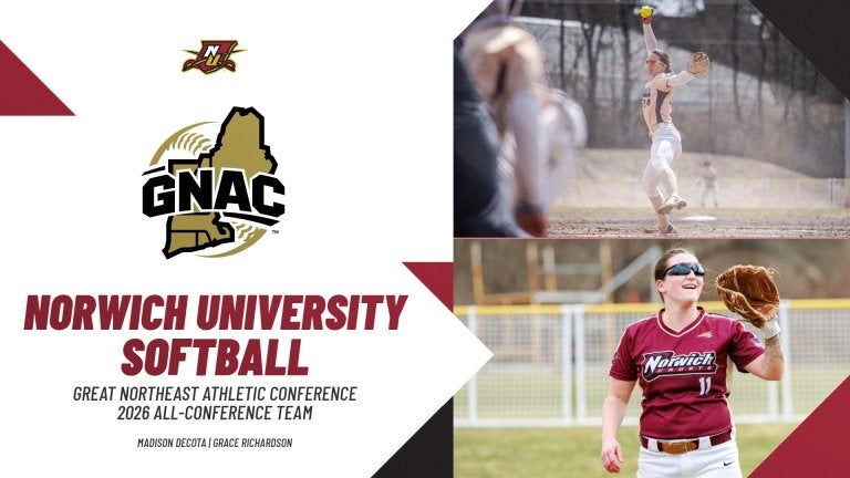 Graphic announcing Norwich University Softball GNAC 2026 All-Conference Team with photos of two softball players.