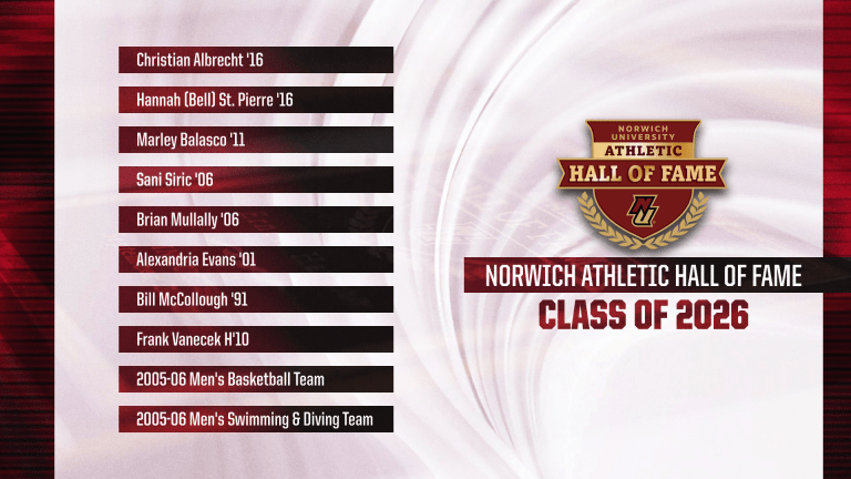 Graphic listing Norwich Athletic Hall of Fame Class of 2026 inductees and team honorees.