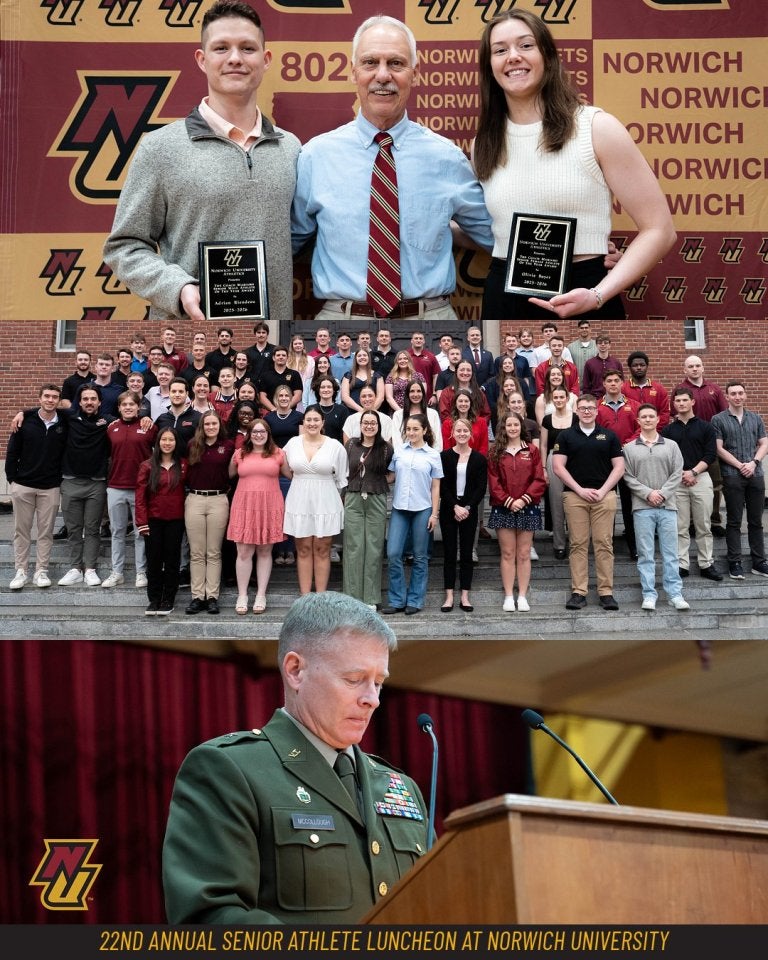 Collage showing award recipients, a group of students, and a speaker at the 22nd Annual Senior Athlete Luncheon.