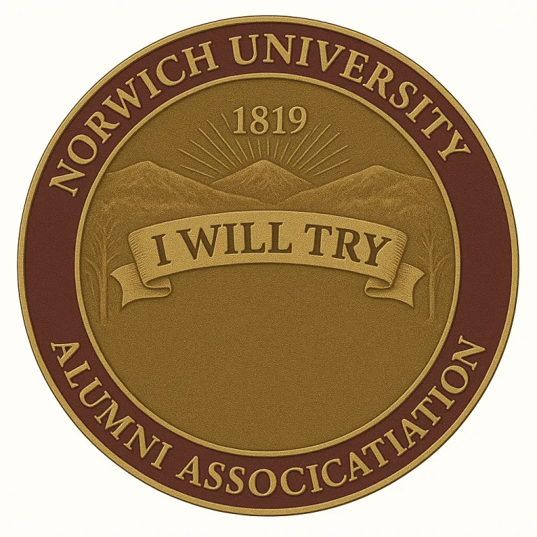 Norwich University Alumni Association seal with mountains, 1819, and a banner reading I WILL TRY.