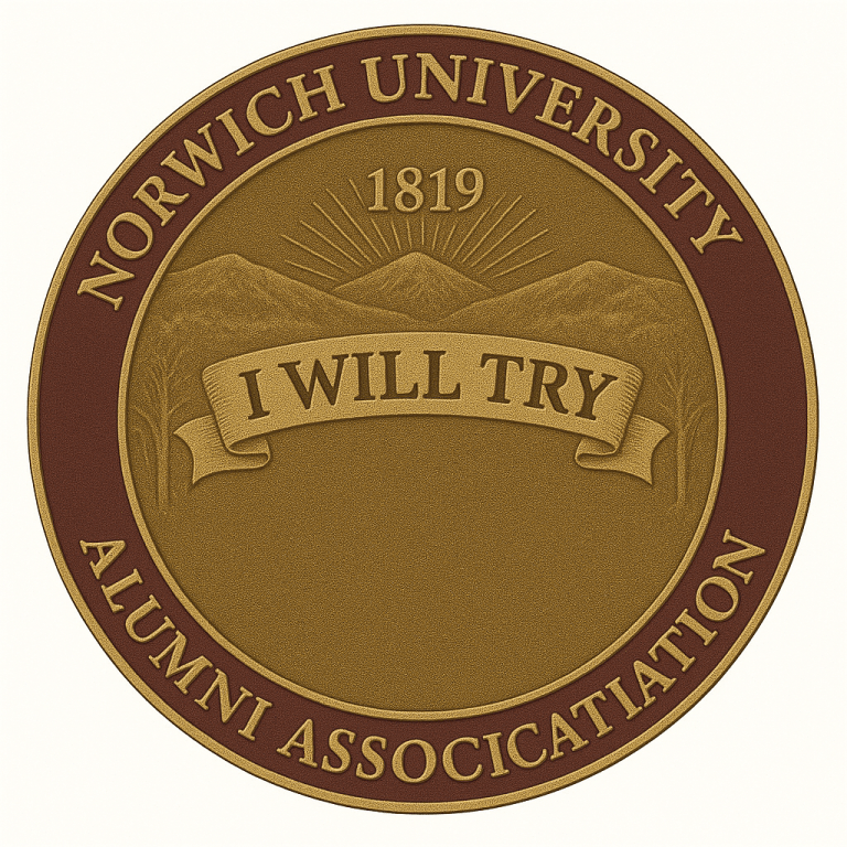 Norwich University Alumni Association seal with mountains, 1819, and a banner reading I WILL TRY.