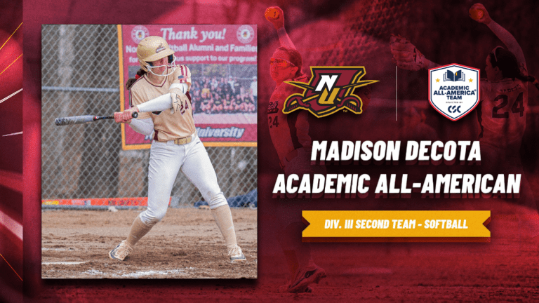 Softball player swings a bat during a game beside Academic All-American recognition text.