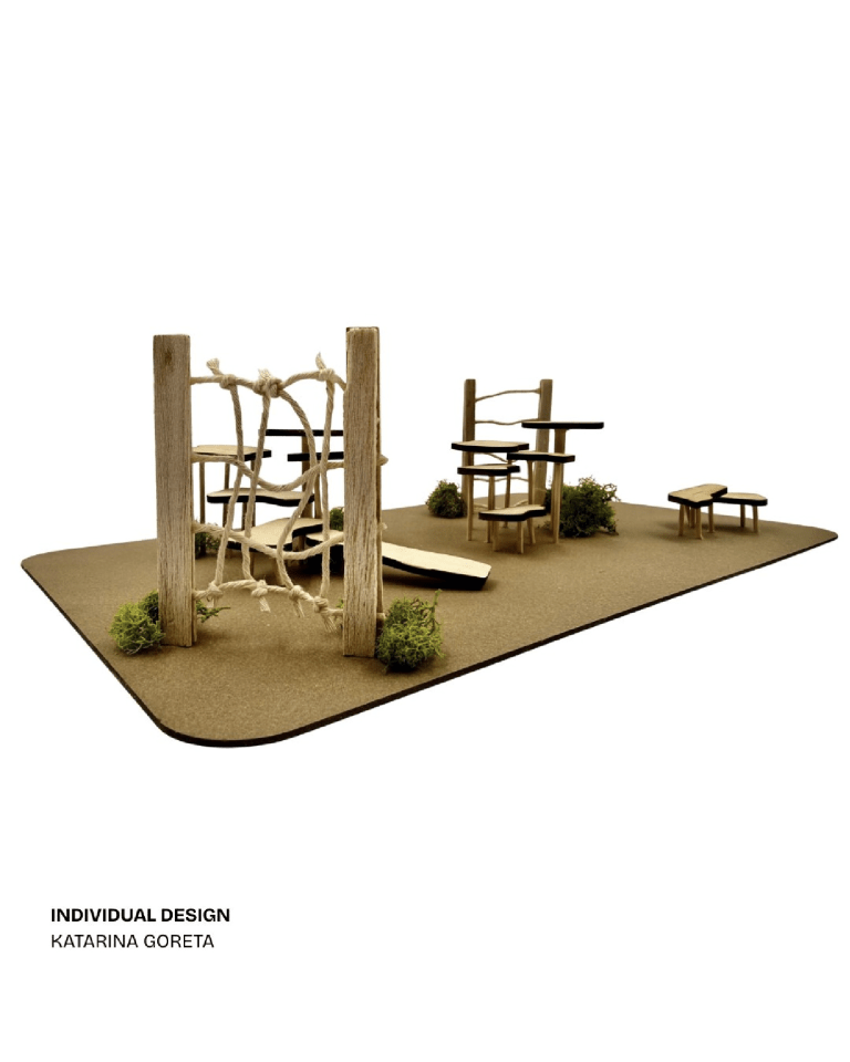 Architectural model of an outdoor play area with rope climbing, platforms, benches, and small shrubs.