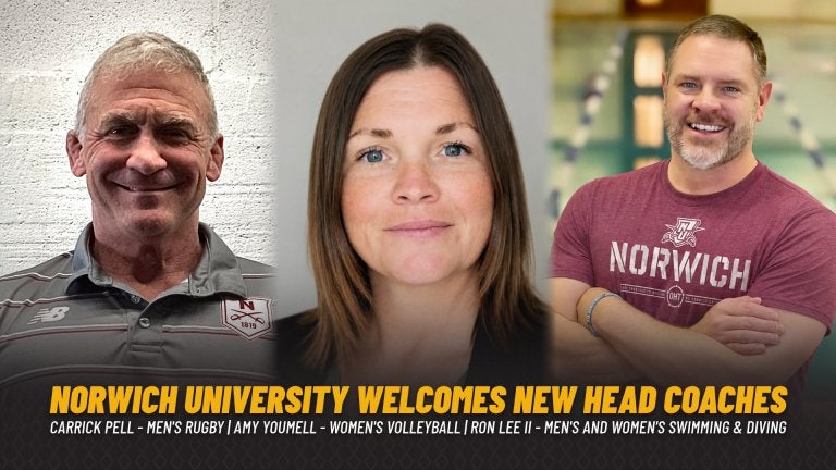Graphic with three coach portraits and text welcoming new Norwich University head coaches Carrick Pell, Amy Youmell, and Ron Lee II.