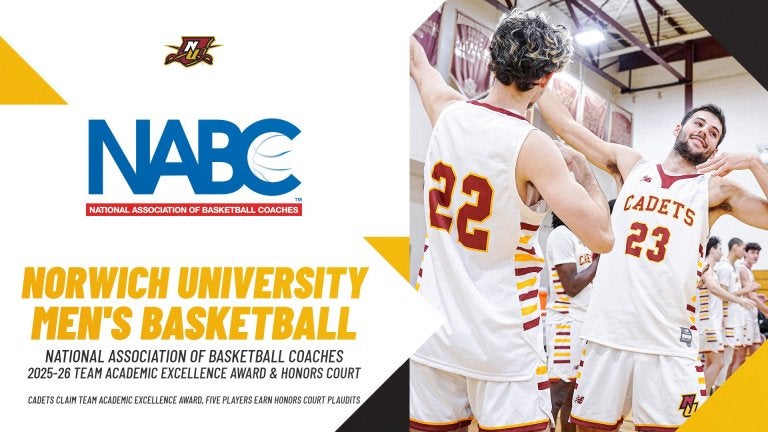 Graphic with NABC logo, Norwich men's basketball award text, and players in Cadets jerseys exchanging a high-five in a gym.