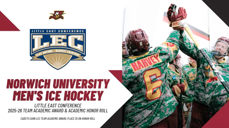 Graphic announcing Norwich University women's ice hockey earned the LEC Team Academic Award and placed 22 on the honor roll.