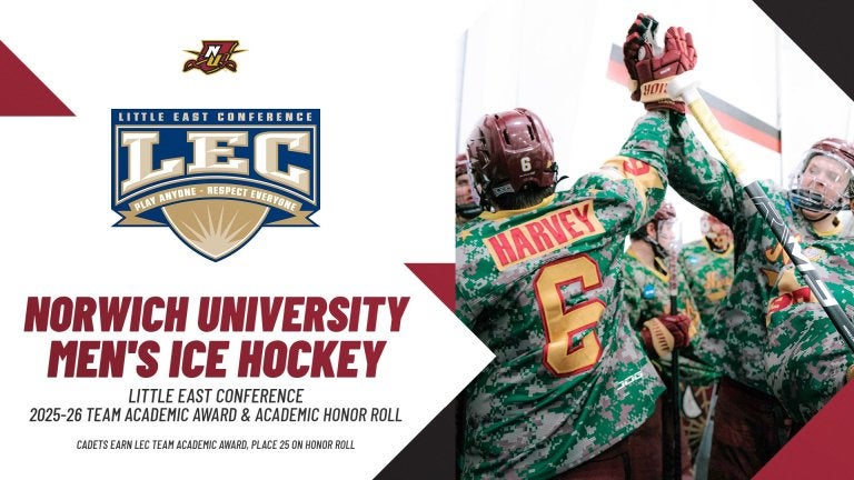 Graphic announcing Norwich University women's ice hockey earned the LEC Team Academic Award and placed 22 on the honor roll.
