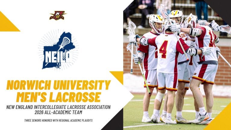 Graphic with NEILA logo, a photo of Norwich men's lacrosse players celebrating, and text announcing 2026 All-Academic Team honors.