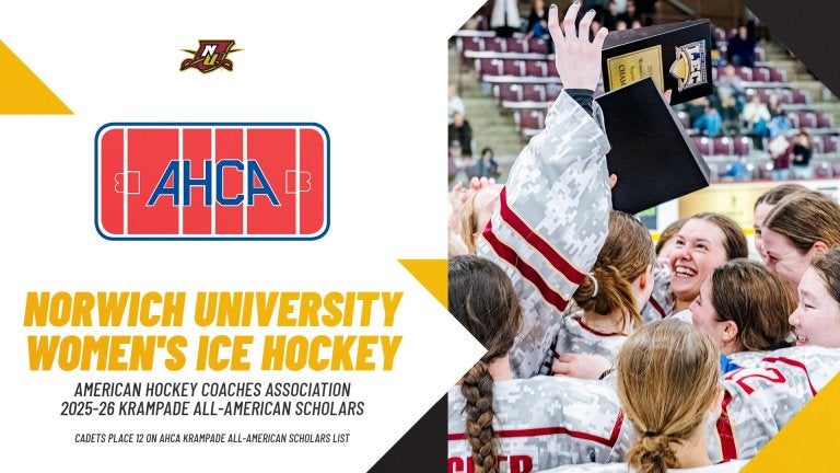 Graphic with AHCA logo and hockey players celebrating announces Norwich University women's ice hockey placed 12 on the 2025-26 Krampade All-American Scholars list.