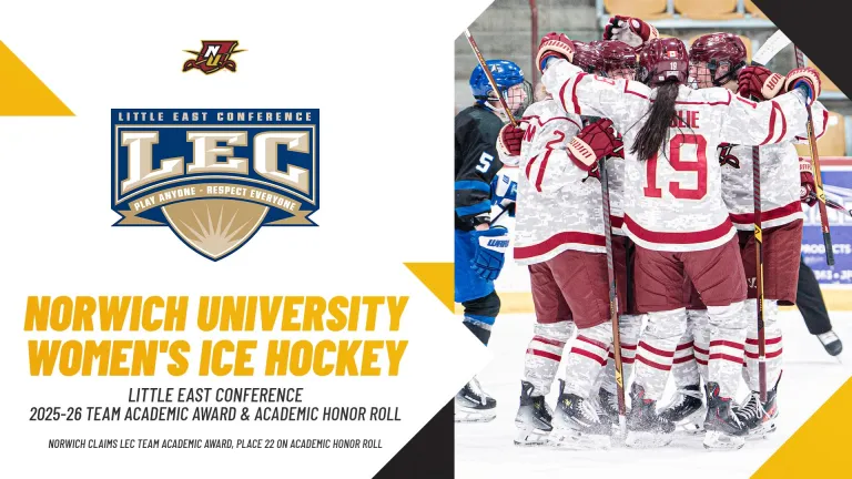 Graphic with AHCA logo and hockey players celebrating announces Norwich University women's ice hockey placed 12 on the 2025-26 Krampade All-American Scholars list.