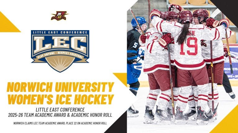 Graphic with AHCA logo and hockey players celebrating announces Norwich University women's ice hockey placed 12 on the 2025-26 Krampade All-American Scholars list.