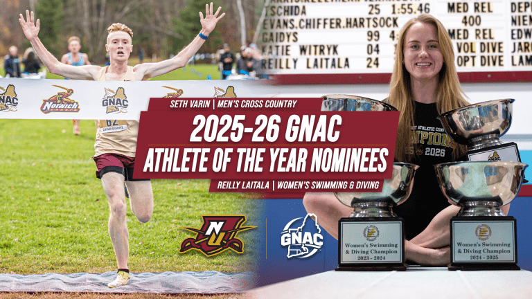 Composite graphic of a cross country runner breaking the finish tape and a swimmer holding trophies with text, “2025-26 GNAC Athlete of the Year Nominees.”