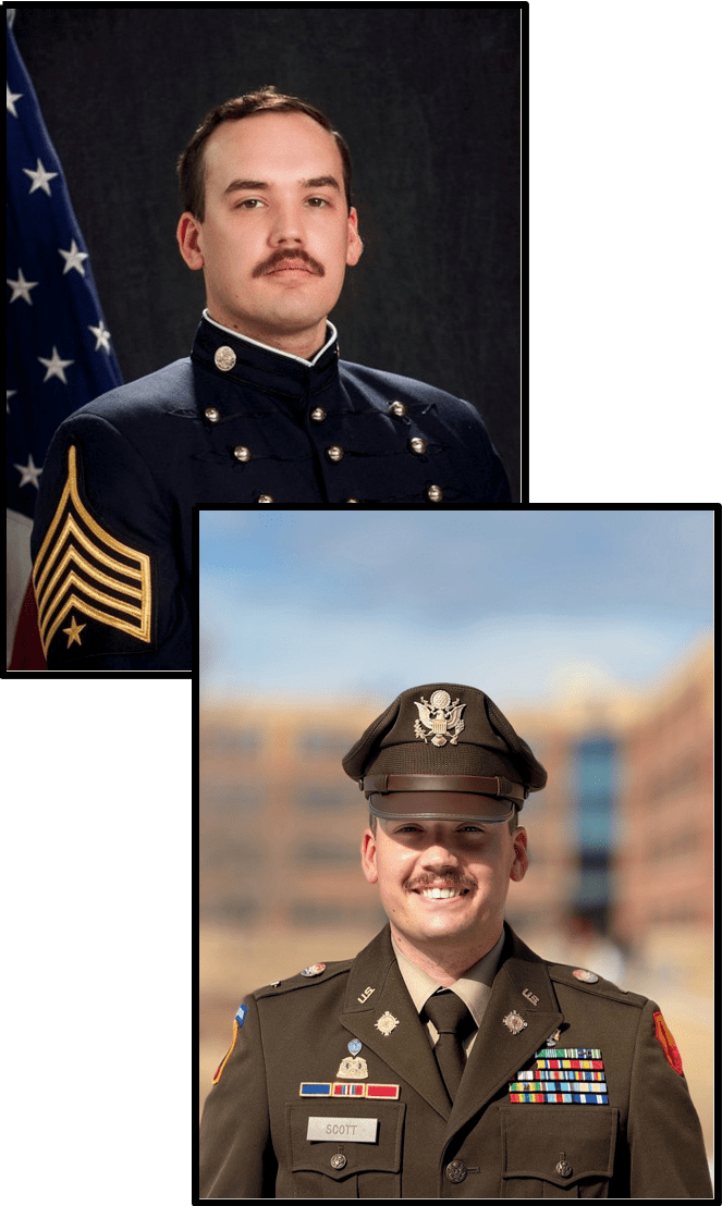 Two headshot photos, in Norwich cadet (top), and in military service, uniform of Noah Scott '24.