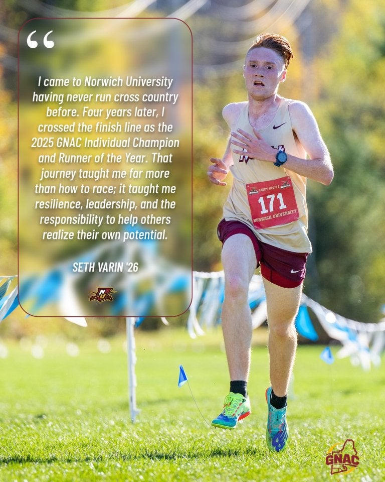 Cross country player runs on a grassy course beside a graphic with a quote attributed to Seth Varin '26.