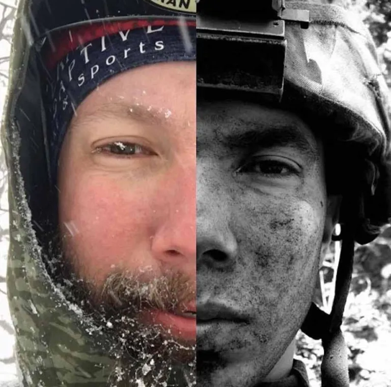 Split image of a man's face half in color, half in black and white