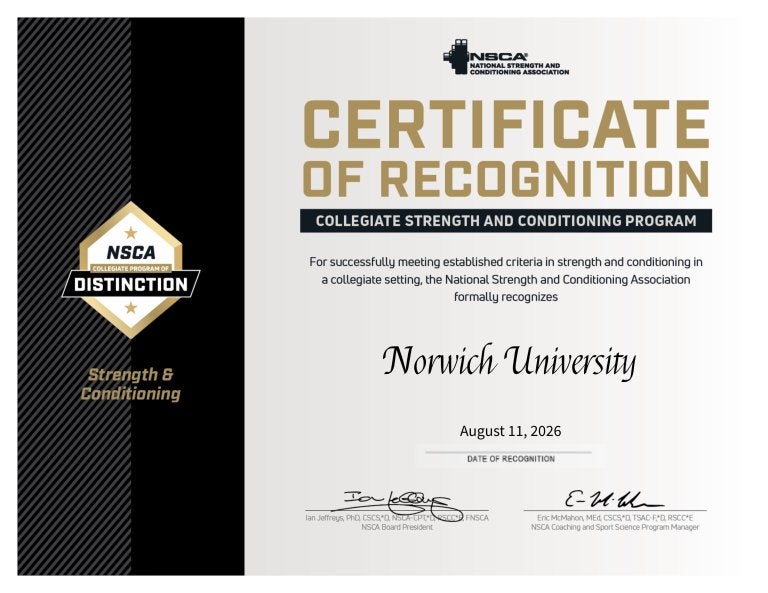 NSCA certificate recognizes Norwich University as a Collegiate Strength and Conditioning Program on Aug. 11, 2026.