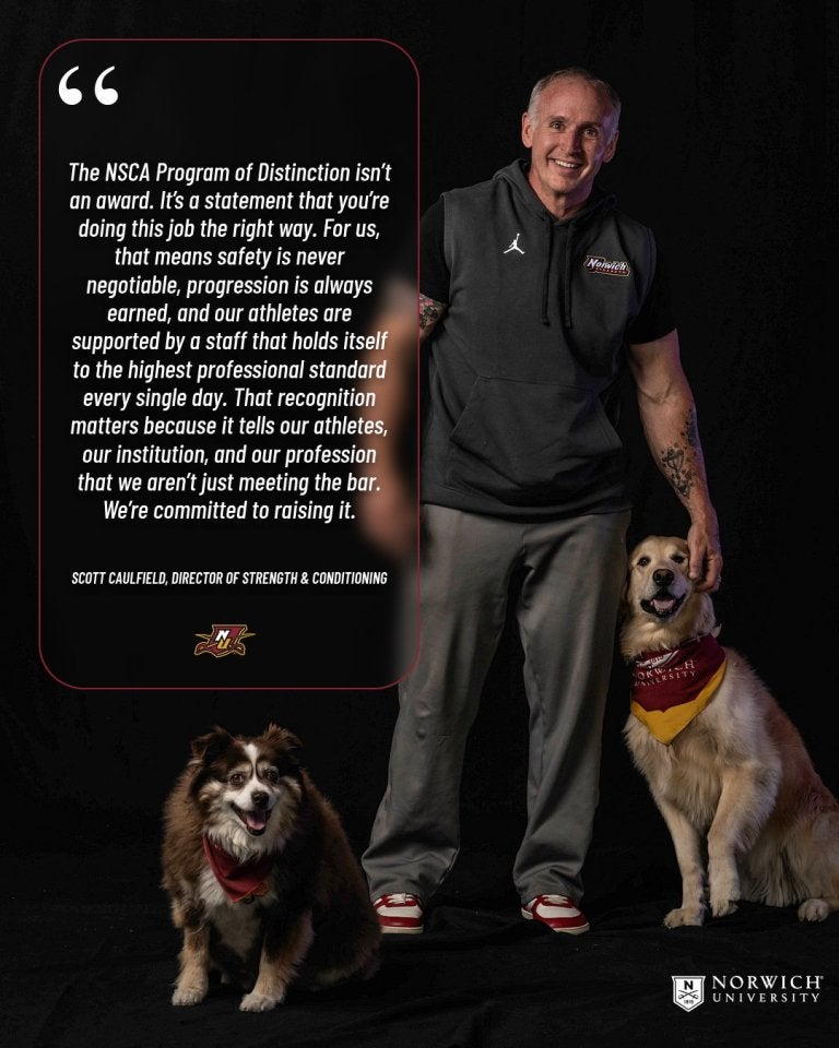 Scott Caulfield stands with two dogs beside a quote about the NSCA Program of Distinction.