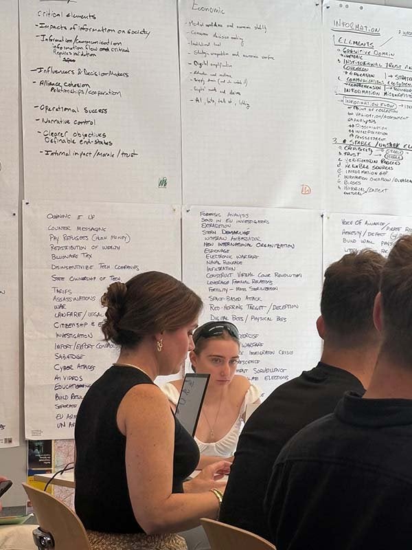 People work together at a table in front of large sheets filled with handwritten notes.