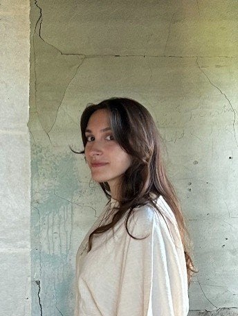 A person with long brown hair wearing a white shirt stands in front of a cracked wall.