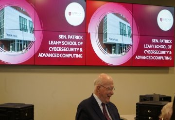 Senator Patrick Leahy and his wife Marcelle visited the campus of Norwich University and the Senator Patrick Leahy School of Cybersecurity and Advanced Computing 