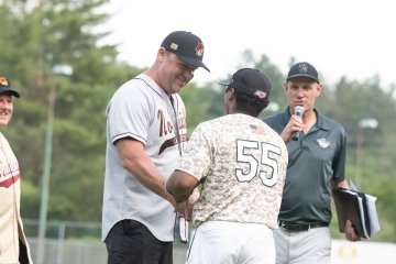 Norwich University Athletic Director Ed Hockenbury with The Vermont Mountaineers to throw the first pitch at Norwich Night