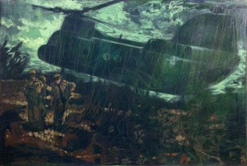 Painting of night evacuation in USMC helicopter