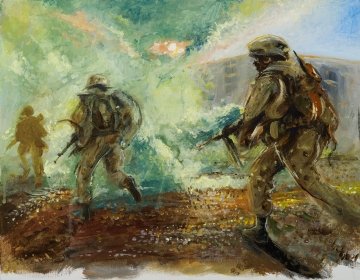 Painting of soldiers in action through a green haze