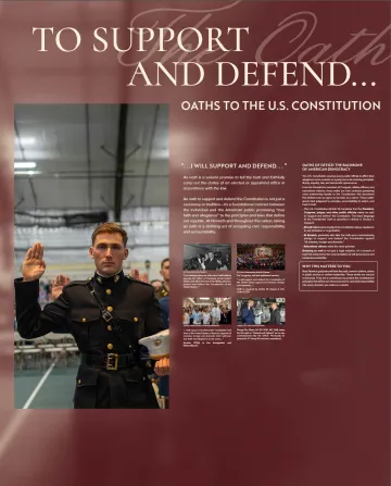 A graphic of a Norwich cadet taking an oath alongside educational constituion material.