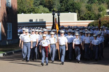 Cadets leading the review with retreat procession into Upper Parade ground,  at 2025 Homecoming