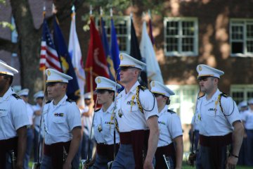 Cadets in front of flagbearers at 2025 Homecoming Review with Retreat