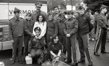 group of Norwich university community at departure of Iranian students due to Iran hostage crisis, spring 1980